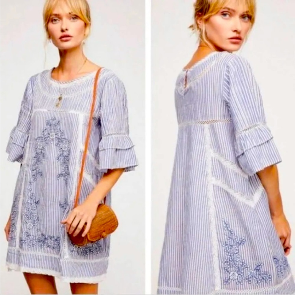 Free People Sunny Day Embroidery Crochet Striped Blue Mini Dress Medium